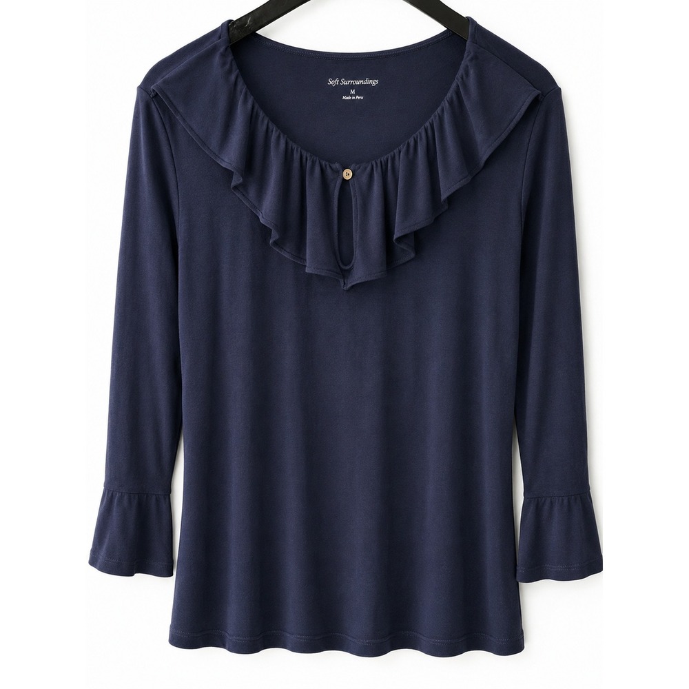 Soft Surroundings Plus Navy Ruffle Neck Long Sleeve Modal Top Size 1X